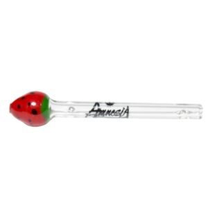 Piteira de vidro borossilicato, tamanho longo, modelo personalizado morango, com 5mm e 6mm de diâmetro externo, cor vermelho, verde e preto, da marca Amnesia