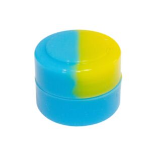 Pote de silicone/slick gastronômico com capacidade de 2ml para dabs e extratos, cor azul-claro e amarelo (vista frontal)