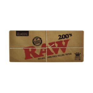 Unidade de seda, da marca Raw, Modelo Classic 200's, tamanho King Size Slim, 110mm x 36mm, com 200 sedas num só pacote, detalhe da embalagem