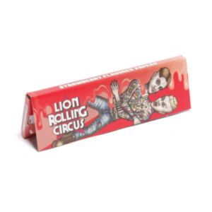 Unidade de seda, marca Lion Rolling Circus, com sabor de Morango, tamanho 1-1/4, 78mm x 44mm, detalhe da embalagem com ilustração de personagem da marca.