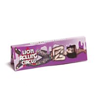 Unidade de seda, marca Lion Rolling Circus, com sabor de Uva, tamanho 1-1/4, 78mm x 44mm, detalhe da embalagem com ilustração de personagem da marca.