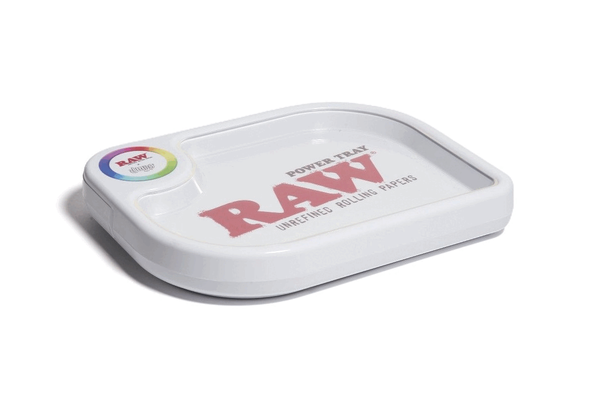 Bandeja eletrônica de plástico com iluminação de LED e superfície adicional, modelo Power Tray, tamanho pequeno (28cm), da marca RAW em collab com a Ilmyo