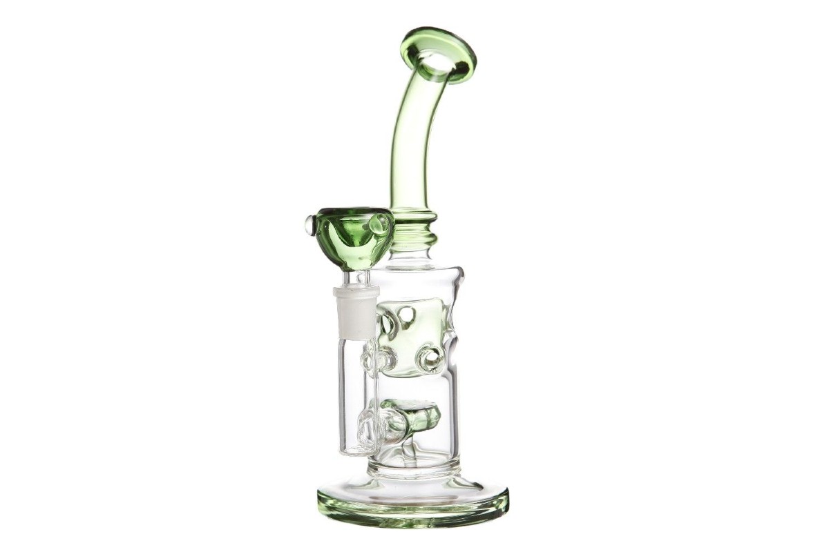 Bong de vidro borossilicato, modelo K68, cor transparente com filtros e coluna verdes