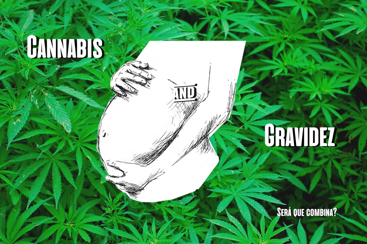 Ilustração de barriga de mulher grávida com background de cannabis/maconha