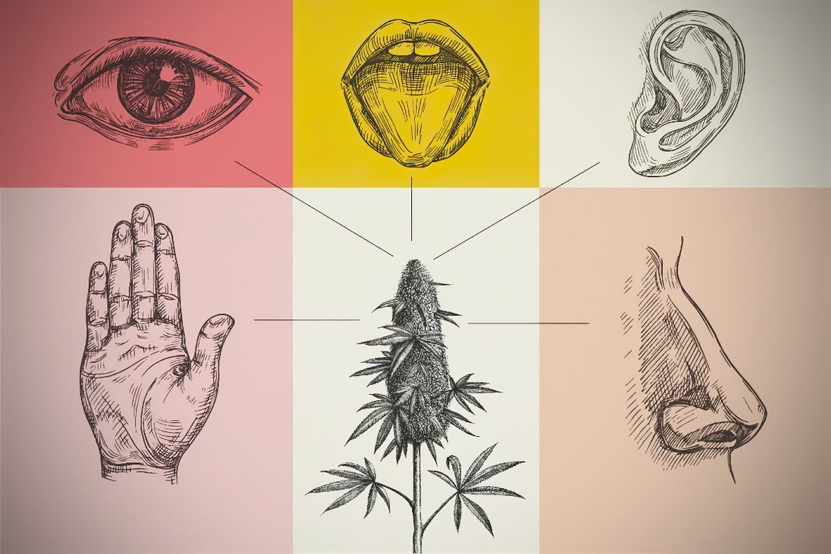 Ilustração dos cinco sentidos e de um bud de Cannabis